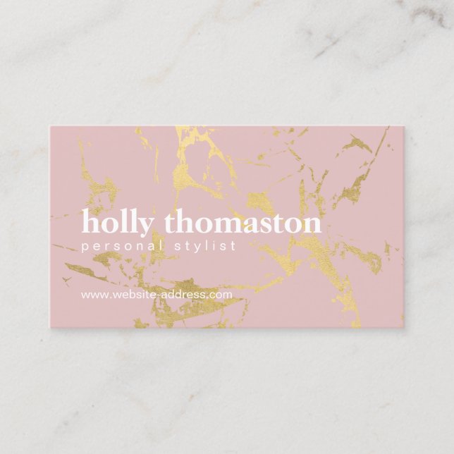 Trendy Gold Marble Pattern on Blush Stylist Business Card (Front)