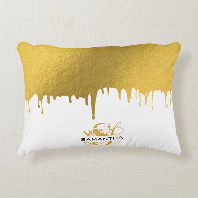 Trendy Gold Metallic Drips Monogram Accent Pillow (Front)