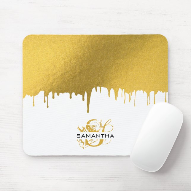 Trendy Gold Metallic Drips Monogram Mouse Pad (With Mouse)