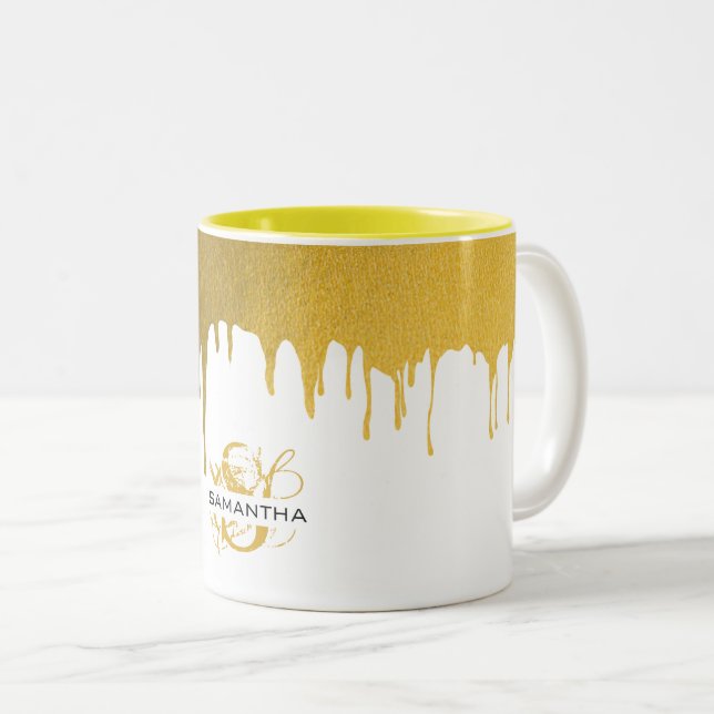 Trendy Gold Metallic Drips Monogram Two-Tone Coffee Mug (Front Right)
