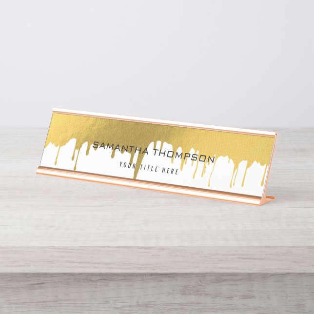 Trendy Gold Metallic Drips Script Custom Desk Name Plate (Front)