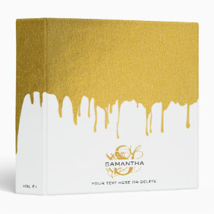 Trendy Gold Metallic Drips Script Monogram  Binder