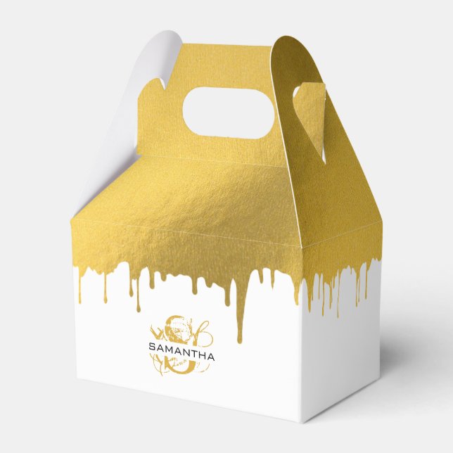 Trendy Gold Metallic Drips Script Monogram Favor Box (Front Side)