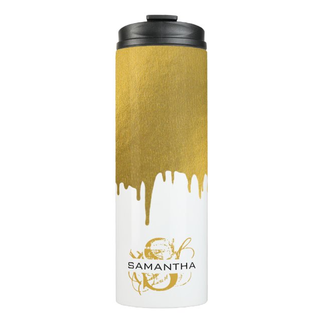 Trendy Gold Metallic Drips Script Monogram Thermal Tumbler (Front)