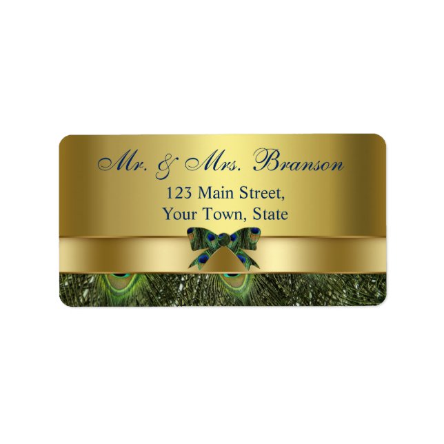 Trendy Gold Peacock Wedding Custom Monogram Label (Front)