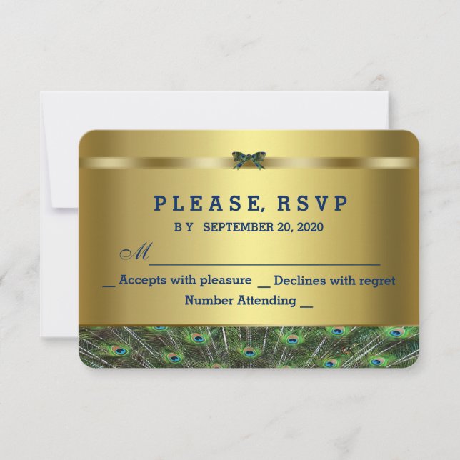 Trendy Gold Peacock Wedding Custom RSVP Card (Front)