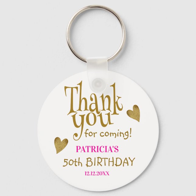 Trendy Gold Pink 50th Birthday Thank You Favour   Keychain (Front)