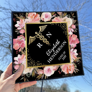 Trendy Gold Pink Floral Medical Nursing Graduation Cap Topper