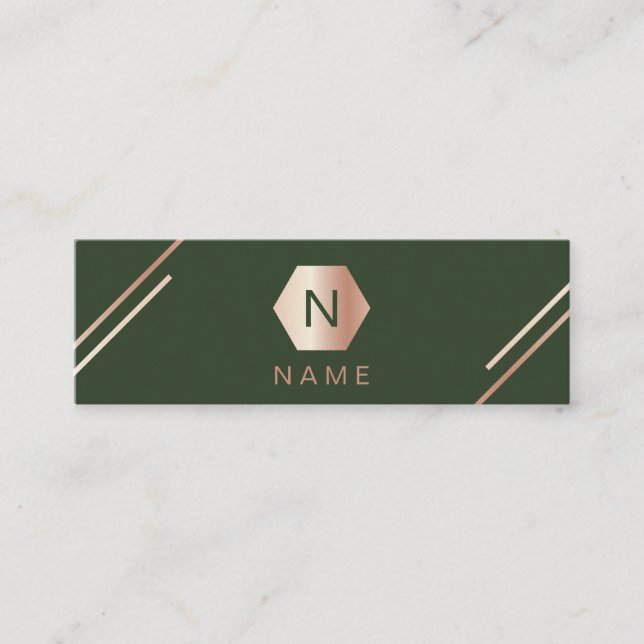 Trendy Gold Rose Monogram Green Mini Business Card (Front)