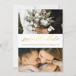 trendy gold script 2photos save the date card