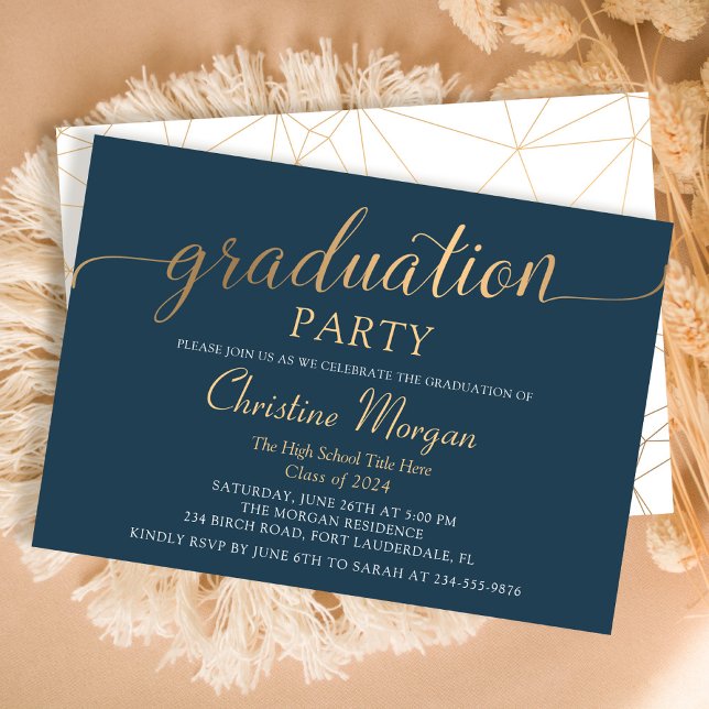 Trendy Gold Script Navy Blue Graduation Party Invitation (Creator Uploaded)