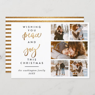 Trendy Gold Script Peace & Joy Christmas 5 Photo Invitation