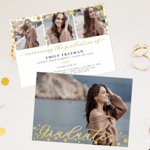Trendy Gold Star 4-Photo Graduation Party  Invitation