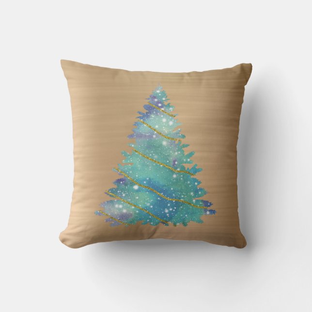 Trendy Gold Teal Glitter Tree Christmas Throw Pillow (Front)
