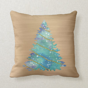 Trendy Gold Teal Glitter Tree Christmas Throw Pillow