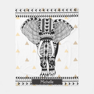 Trendy Gold Triangles Tribal Patterned Elephant Fleece Blanket