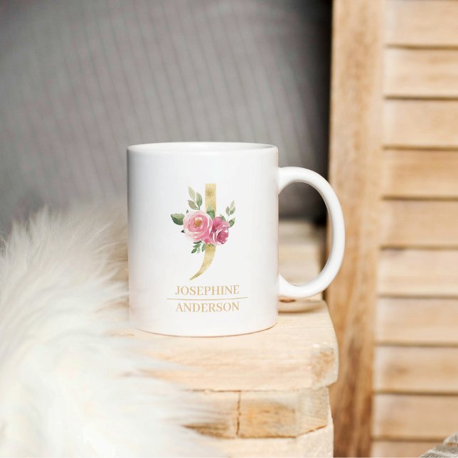Trendy Gold Watercolor Flower Letter J | Monogram  Coffee Mug (Creator Uploaded)