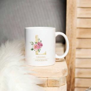 Trendy Gold Watercolor Flower Letter L Monogram Coffee Mug