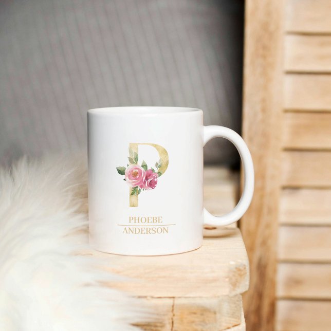 Trendy Gold Watercolor Flower Letter P | Monogram Coffee Mug (Creator Uploaded)