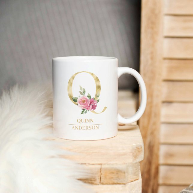 Trendy Gold Watercolor Flower Letter Q | Monogram Coffee Mug (Creator Uploaded)