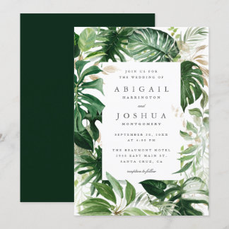 Trendy Gold & Watercolor Tropical Greenery Wedding Invitation