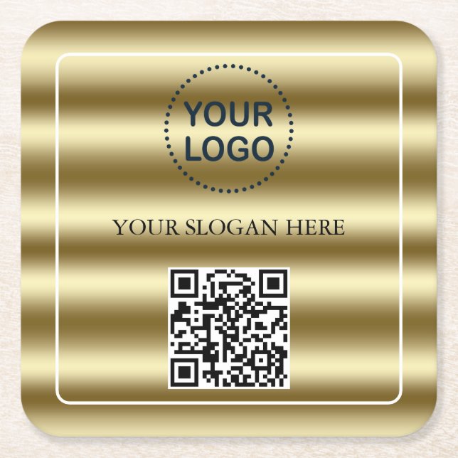 Trendy Gold Waves QR Code Your Logo Here Square Paper Coaster (Front)