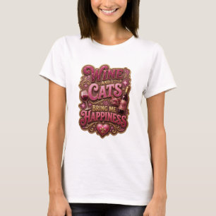 Trendy Gold WINE AND CATS BRING ME HAPPINESS Print T-Shirt