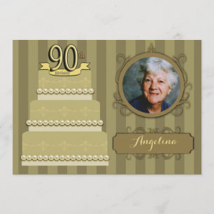Trendy Golden Damask 90th Birthday Photo Invite