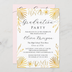 Trendy Golden Floral Script Graduation Party Photo Invitation