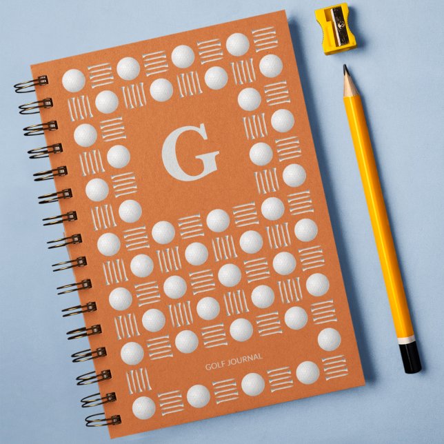 Trendy Golf Ball & Tee Monogram Orange Notebook (Creator Uploaded)