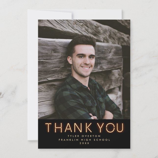 Trendy Graduate Neon Lights Photo Thank You Card (Front)