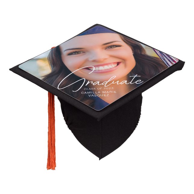 Trendy Graduate Photo White Script Overlay Graduation Cap Topper (Angled)