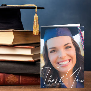 Trendy Graduate Photo White Script Overlay Thank You Card