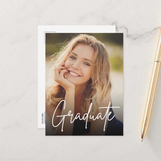 Trendy Graduate Script Custom Photo high school Announcement Postcard (Front/Back In Situ)