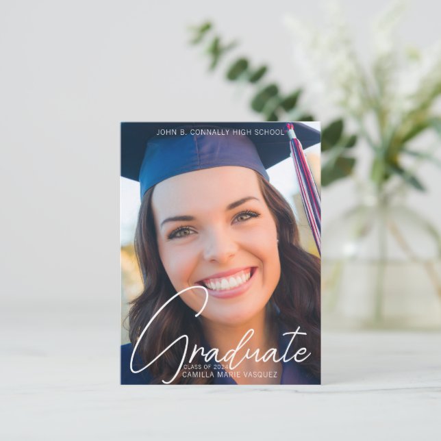 Trendy Graduation Photo White Script Overlay Postcard (Standing Front)