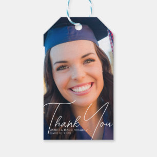 Trendy Graduation Photo White Script Party Gift Tags