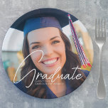 Trendy Graduation Photo White Script Party Paper Plate<br><div class="desc">This trendy graduation party paper plate features sophisticated handwritten white script over a chic full photo of your graduate. Customize this grad decor with your high school,  college,  or university photograph behind your senior details.</div>