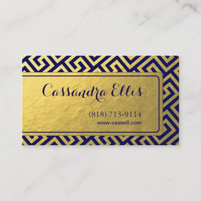 Trendy Greek Key Diagonal | gold foil navy Business Card (Front)