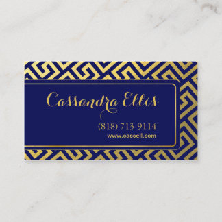 Trendy Greek Key Diagonal | gold foil navy Business Card