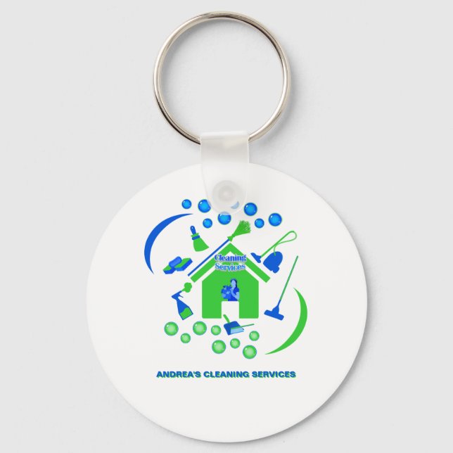Trendy Green and Blue Cleaning Services Cute  Keychain (Front)