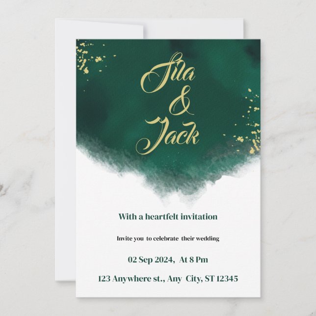    trendy green and gold elgant watercolor wedding invitation (Front)