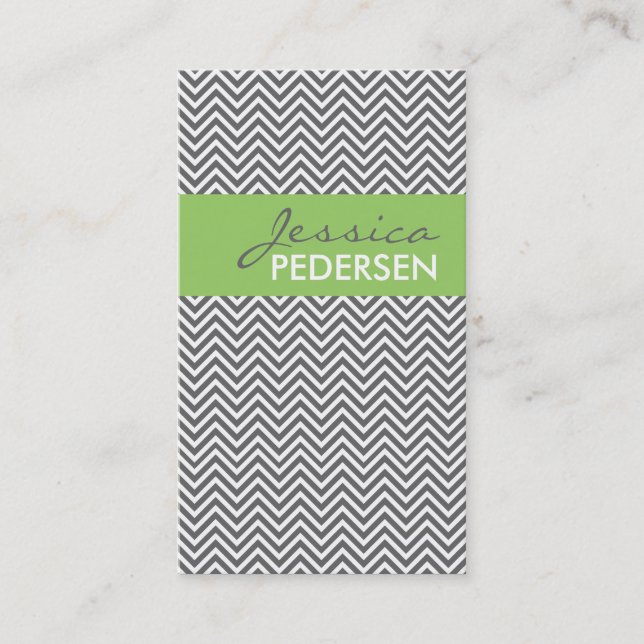 Trendy Green and Grey Chevron Business Cards (Front)