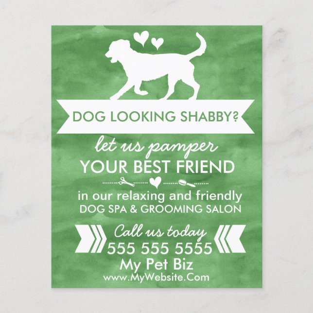 Trendy Green and White Custom Dog Grooming Flyer (Front)