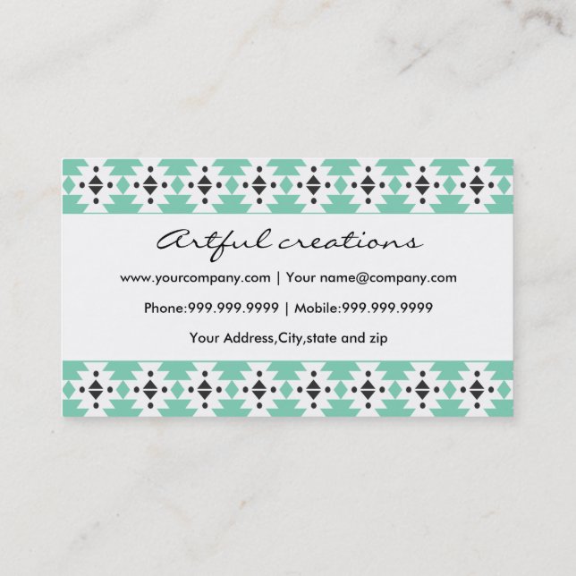 Trendy Green Aztec Pattern Business Card (Back)