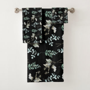 Trendy Green Black Botanical Leaves Bath Towel Set