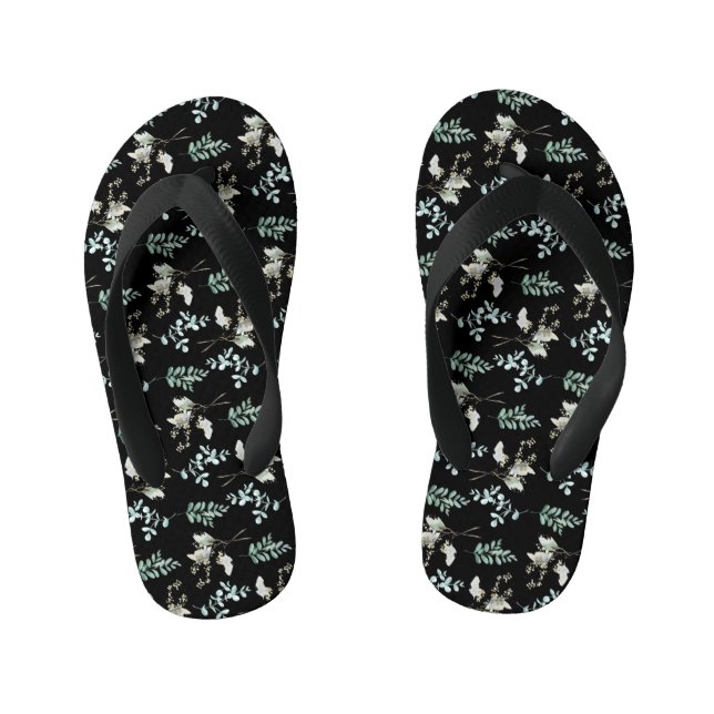 Trendy Green Black Botanical Leaves Kid's Flip Flops (Footbed)