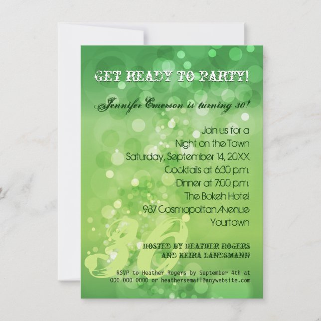 Trendy Green Bokeh Party Invitation (Front)