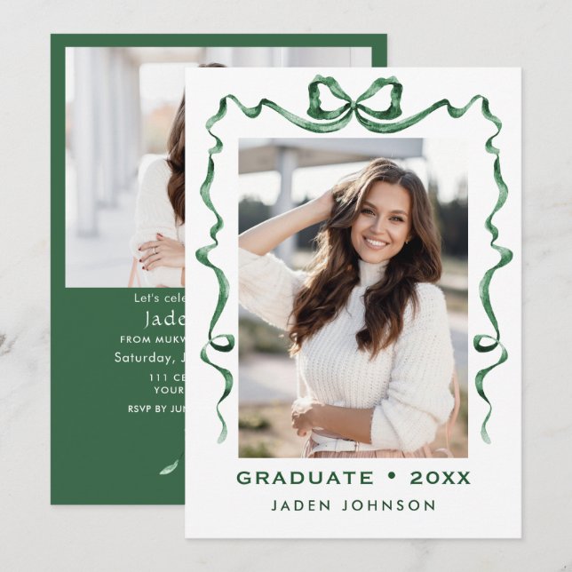 Trendy Green Bow Ribbon 2 PHOTO Graduation Party Invitation (Front/Back)