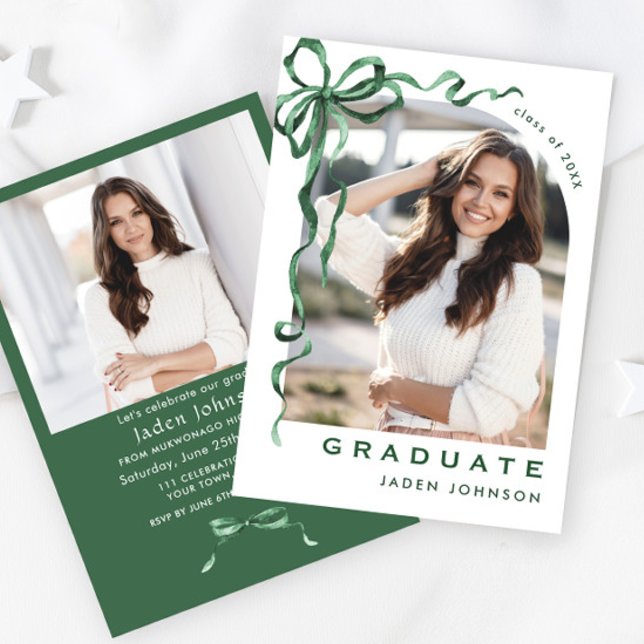 Trendy Green Bow Ribbon 2 PHOTO Graduation Party Invitation (Creator Uploaded)