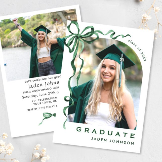 Trendy Green Bow Ribbon 2 PHOTO Graduation Party Invitation (Creator Uploaded)